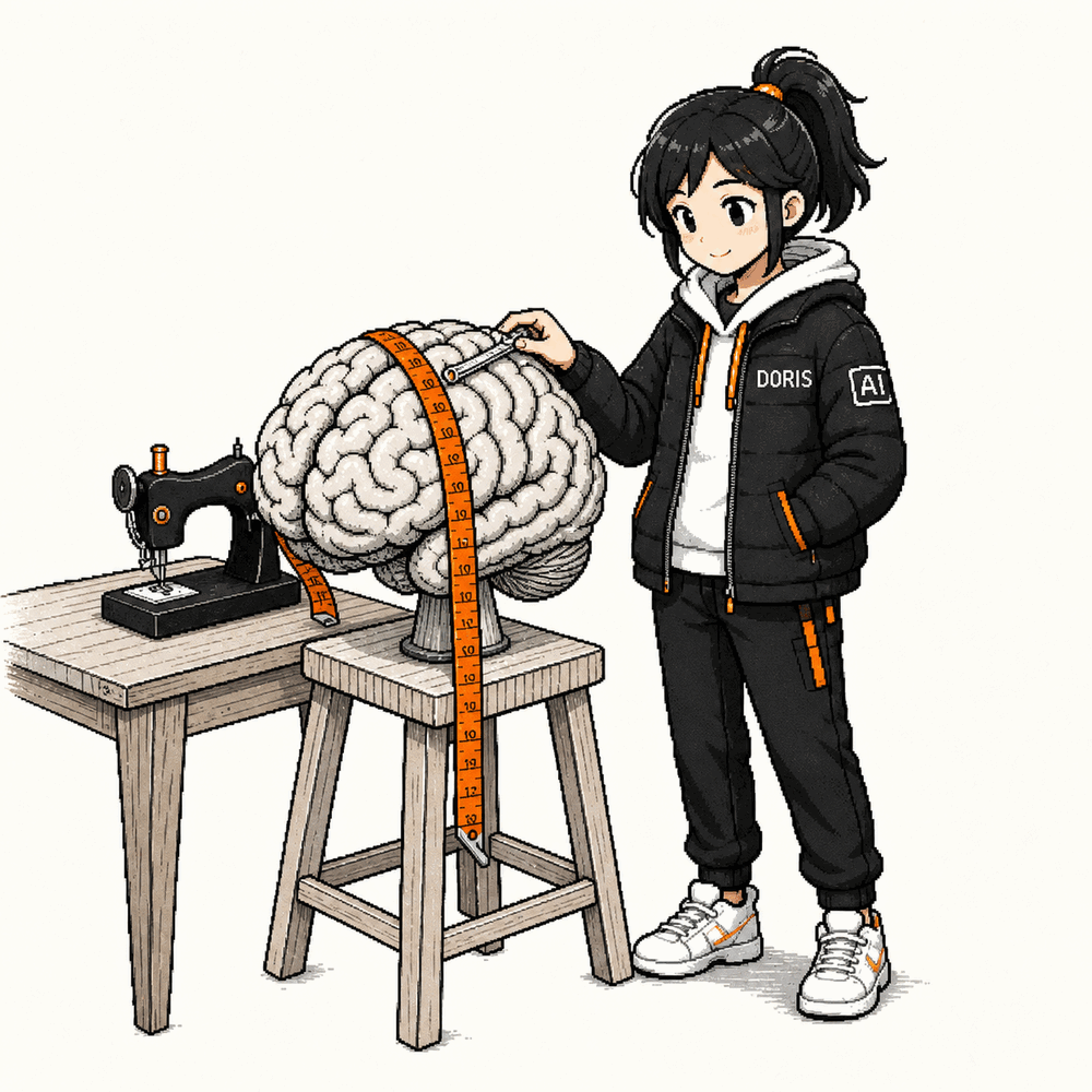 Doris measures a brain on a workbench with a measuring tape