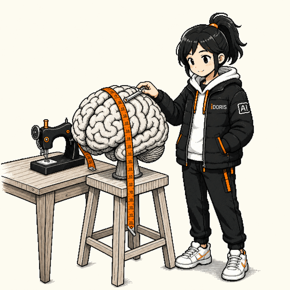 Doris measures a brain on a workbench with a measuring tape