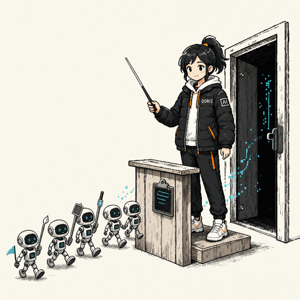 Doris conducts a queue of small AI agents from a podium