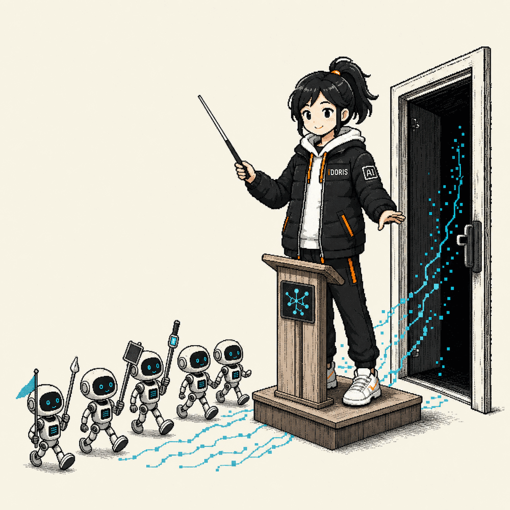 Doris conducts a queue of small AI agents from a podium